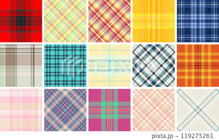 Geometric plaid and checkered patterns designed for textile and fabric use, adding a rustic, old-fashioned touch to clothes and home decor. Geometric plaid and checkered patterns designed for textile and fabric use, adding a rustic, old-fashioned touch to clothes and home decor. 119275261