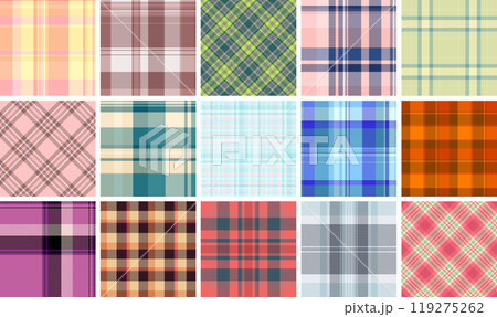 A fashionable set of plaid textile patterns with geometric squares and stripes, perfect for creating trendy clothes or decorative wallpapers. 119275262