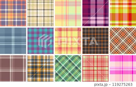 Plaid pattern collection with traditional Scottish checks, ideal for textiles, clothes, and classic shirt fabrics in rustic tones. Plaid pattern collection with traditional Scottish checks, ideal for textiles, clothes, and classic shirt fabrics in rustic tones. 119275263