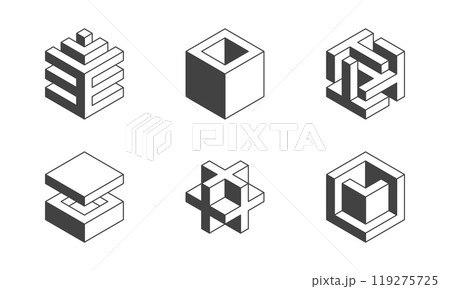 Black and white Cube logo, geometric vector design. Set box logotype company, trendy techno emblem in isometric 3D style. 119275725