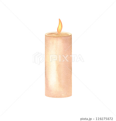 Lighting festive candle in neutral tone watercolor illustration. Minimalist design candlelight element for New Year, Christmas holiday greeting cards, gifts, package decor Lighting festive candle in neutral tone watercolor illustration. Minimalist design candlelight element for New Year, Christmas holiday greeting cards, gifts, package decor 119275872