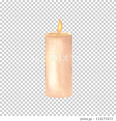 Lighting festive candle in neutral tone watercolor illustration. Minimalist design candlelight element for New Year, Christmas holiday greeting cards, gifts, package decor Lighting festive candle in neutral tone watercolor illustration. Minimalist design candlelight element for New Year, Christmas holiday greeting cards, gifts, package decor 119275872
