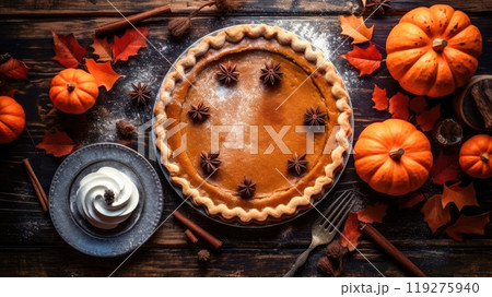Scrumptious Pumpkin Pie on Rustic Wooden Table with Fall Leaves and Cinnamon Sticks Scrumptious Pumpkin Pie on Rustic Wooden Table with Fall Leaves and Cinnamon Sticks 119275940