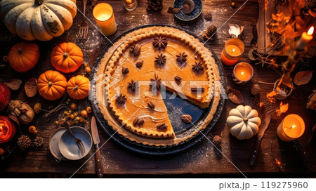 Thanksgiving pumpkin pie on rustic table with candles and fall decor 119275960