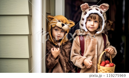 Two little girls in handmade woodland creature costumes are excited for their Halloween adventure 119275969