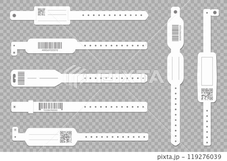 Blank wristband bracelets mockup. White paper pass tapes. Event or concert identification. Fan ID. Carnival entry. Access wristlet with barcode. Security checking elements vector set Blank wristband bracelets mockup. White paper pass tapes. Event or concert identification. Fan ID. Carnival entry. Access wristlet with barcode. Security checking elements vector set 119276039