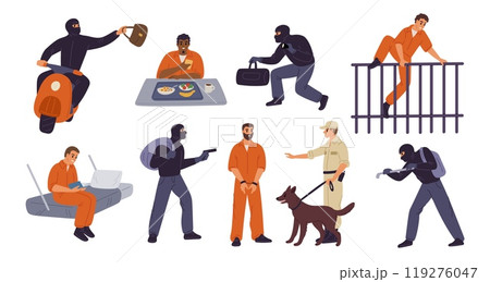 Crimes and punishment. Cartoon criminal characters. Prisoners in uniform. Convicted thieves in prison. Arrested gangsters and scammers. Guard with dog. Garish vector lawbreakers set Crimes and punishment. Cartoon criminal characters. Prisoners in uniform. Convicted thieves in prison. Arrested gangsters and scammers. Guard with dog. Garish vector lawbreakers set 119276047