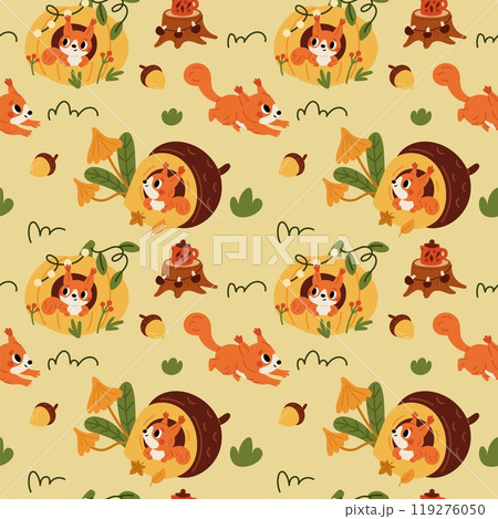 Cute squirrels seamless pattern. Autumn forest. Wildlife characters. Funny fluffy animals. Little redhead rodents. Pumpkin and mushroom. Repeated childish print. Garish vector background 119276050