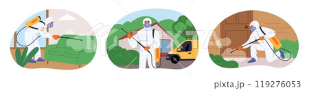 Exterminators of insects and rodents. Pest control. Specialists spray chemicals and insecticide poisons. Worker in protective uniform. Indoors and outdoors extermination. Garish vector set 119276053