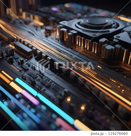 Intricate Motherboard Circuitry with Central Cooling Unit 119276060