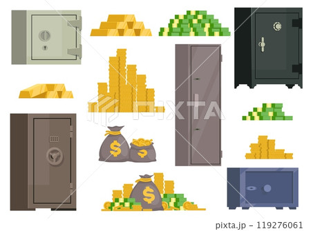 Money and bank safes. Finance savings. Coins stacks. Precious bars. Banknotes bundles. Metal boxes for storing valuables. Combination locks. Economy prosperity. Vector financial set 119276061