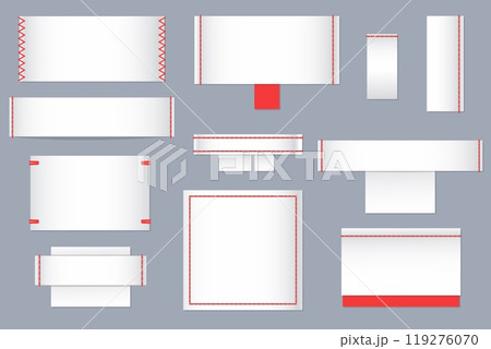 Textile white labels for clothes. Fabric tags templates. Wrong side empty sewn patches for instruction text and logos. Cotton material badges with stitches. Vector clothing ribbons set 119276070