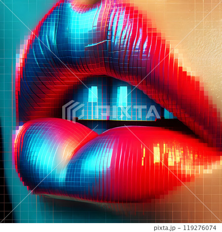 Futuristic Pixelated Lips in Vivid Blue and Red Hues 119276074