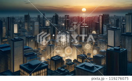 Sunset Cityscape Intertwined with Luminous Sacred Geometry Symbols Overhead 119276075