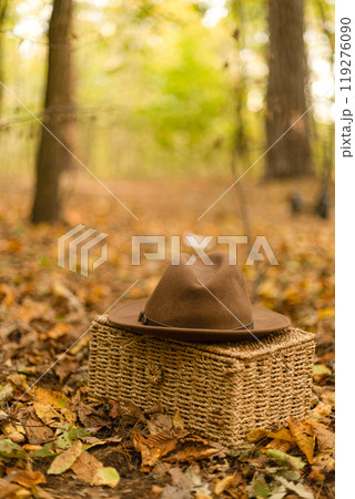 hat and wicker basket in autumn forest 119276090