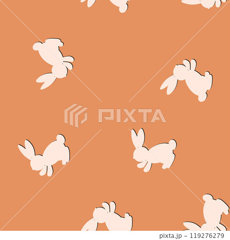 Seamless pattern with color silhouette Easter rabbits on blue background. Design for card, postcard, wallpaper, fabric, textile. Vector stock illustration. Cartoon style Seamless pattern with color silhouette Easter rabbits on blue background. Design for card, postcard, wallpaper, fabric, textile. Vector stock illustration. Cartoon style 119276279