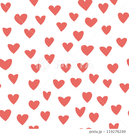 Seamless pattern with pink hearts. Template holiday vector illustration. Design for card, postcard, poster, print, banner. Cartoon colorful hearts on white background 119276280