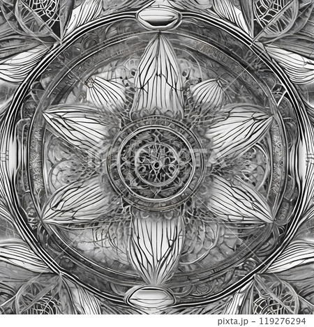 Monochromatic Symmetrical Mandala with Gothic and Mechanical Design Elements 119276294