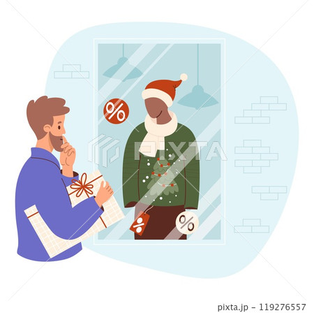 Bearded man with gift near showcase of New Year store with mannequin in Santa hat in ugly Christmas sweater with tree and price tag. Holiday sale, shopping for gifts and clothes. Vector illustration. 119276557
