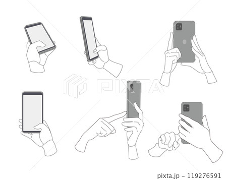 縦にしたスマホのカメラを操作する手のイラスト素材モノクロタイプセット 119276591