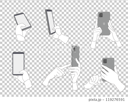 縦にしたスマホのカメラを操作する手のイラスト素材モノクロタイプセット 119276591