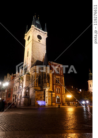 Old Town Hall Tower and Astronomical Clock at Night in Prague 119276611