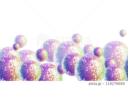 Seamless border from retro disco ball in the style of 80s and 90s as a disco symbol.Volumetric 3 d ball.Watercolor illustration isolated on white for websites, posters, theme party cards Seamless border from retro disco ball in the style of 80s and 90s as a disco symbol.Volumetric 3 d ball.Watercolor illustration isolated on white for websites, posters, theme party cards 119276660