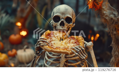 skeleton holding and taking a bite from a cheesy pizza slice, Halloween-themed background 119276716
