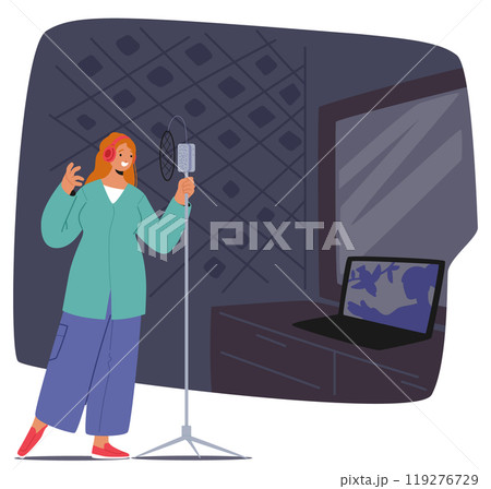 Cartoon Vector Woman Appears To Be A Voice Actor Is Standing In A Soundproof Studio With A Microphone 119276729