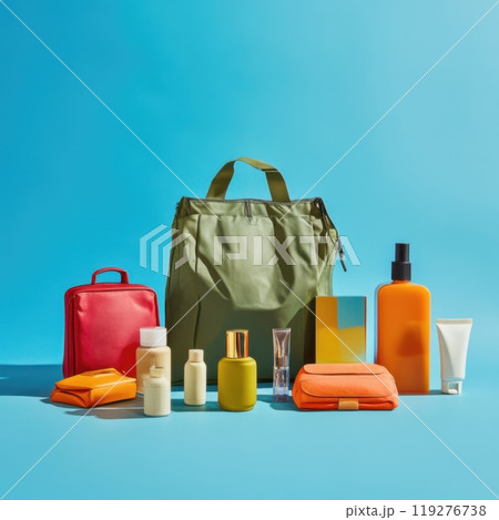 colorful cosmetic items, including bottles, bags, and containers, placed against a bright blue background 119276738