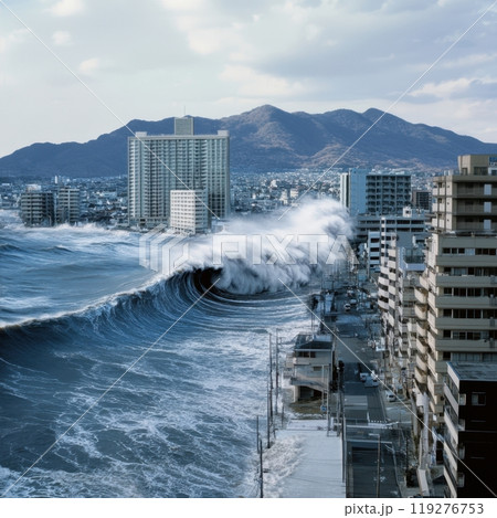 an enormous, towering wave approaching a coastal city, with high-rise buildings near the shore, powerful tsunami 119276753