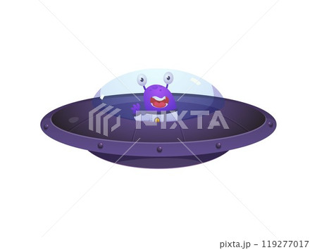 Unidentified flying object UFO vector icon, alien spaceship saucer shape, Martian greets, fantasy cosmic cute character Unidentified flying object UFO vector icon, alien spaceship saucer shape, Martian greets, fantasy cosmic cute character 119277017