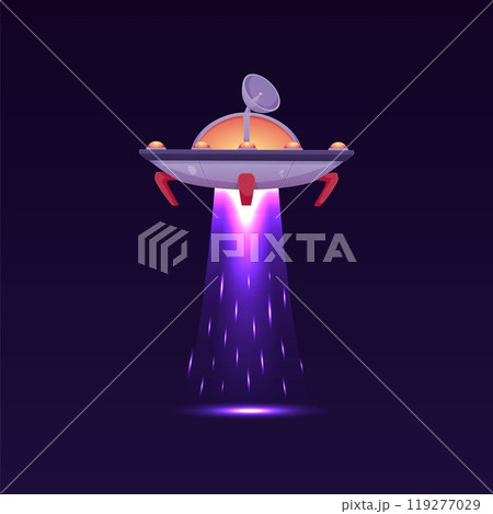 Cartoon vector illustration of a futuristic ship with a satellite dish, glowing lights Cartoon vector illustration of a futuristic ship with a satellite dish, glowing lights 119277029