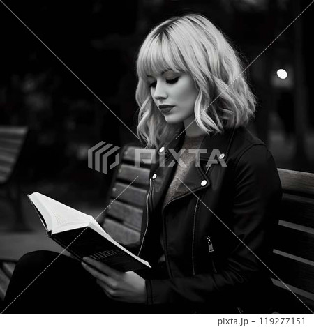 公園のベンチで本を読んでいる美しいアメリカ人女性(モノクロ) 公園のベンチで本を読んでいる美しいアメリカ人女性(モノクロ) 119277151