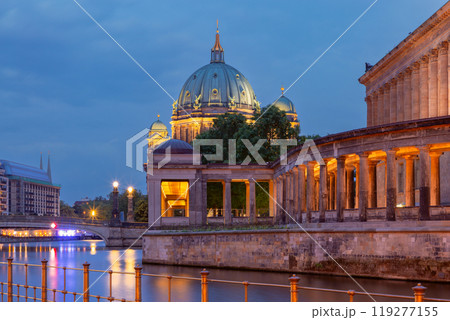 Berlin Cathedral and illuminated gallery at dusk, Germany 119277155