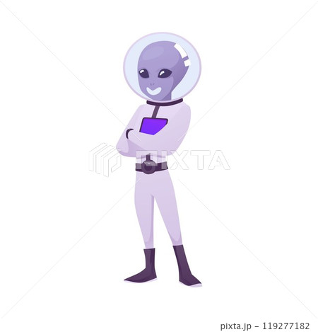 Vector illustration of purple alien character with black eyes, spacesuit and astronaut costume. 119277182