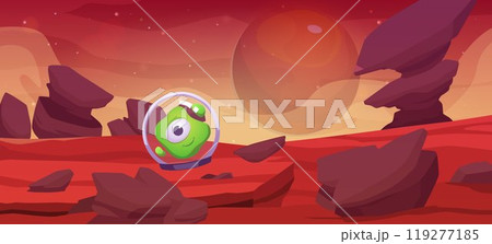 Fantasy space planet landscape with UFO, vector friendly alien character creature with eye and smile in helmet spacesuit 119277185