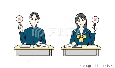 まるばつ札をあげる高校生の男女のイラスト まるばつ札をあげる高校生の男女のイラスト 119277197