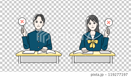 まるばつ札をあげる高校生の男女のイラスト まるばつ札をあげる高校生の男女のイラスト 119277197
