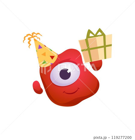 Vector monster with one eye in a festive hat and a gift in his hands 119277200