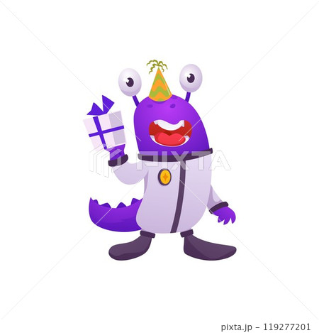 Vector illustration an alien in space suits with a tail and scales holding a gift 119277201