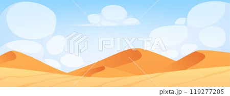 Vector illustration a desert with sand dunes on a background of blue sky and clouds Vector illustration a desert with sand dunes on a background of blue sky and clouds 119277205