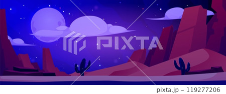 Night desert landscape with sand dunes, mountains, cactus, vector cartoon full moon light under hills view from the road 119277206
