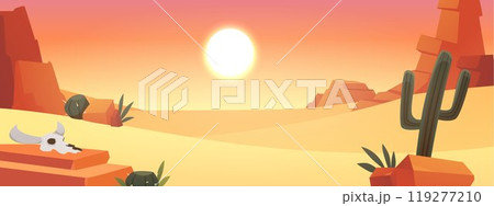 Illustration of a desert landscape with rocks, cacti, animal skull and sunset. 119277210