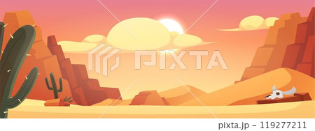A desert landscape. Vector illustration of Arizona with sand dunes, cacti, mountains and sunset sky 119277211