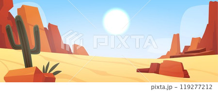 Desert landscape with sand dunes, mountains and cactus, vector cartoon blue sky, sun light under wild African nature 119277212