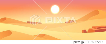 Vector illustration with desert landscape with sand dunes rocks mountains, sun and sunset sky 119277213