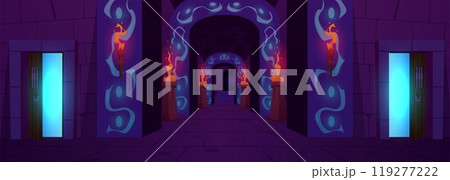 Medieval dungeon corridor interior with glowing opened doors, stone walls, burning torches, vector ancient prison hall 119277222
