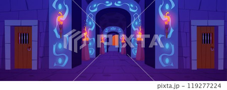 The vector interior of the dungeon with ancient stone walls, torches with a long corridor The vector interior of the dungeon with ancient stone walls, torches with a long corridor 119277224