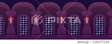 Medieval dungeon corridor interior with gratings arches gates, stone walls, burning torches, vector ancient prison hall 119277228